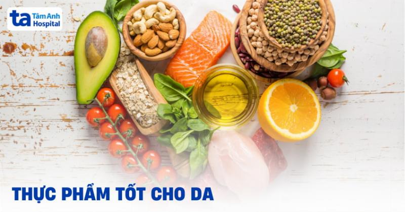 Minh họa các thực phẩm tốt cho mắt và da như trái cây, rau xanh, nước.